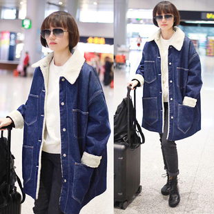 冬季明星袁泉同款chic加绒加厚羊羔毛牛仔外套女中长款潮