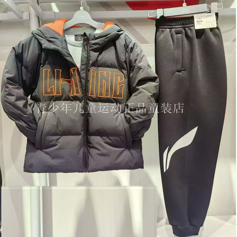 李宁短款25冬季羽绒服男黑色连帽保暖时尚字母印花运动休闲外套
