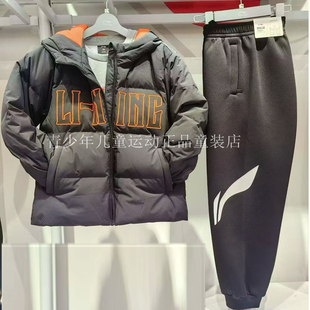 李宁短款25冬季羽绒服男黑色连帽保暖时尚字母印花运动休闲外套