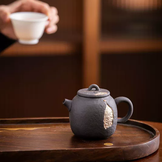 黑陶粗陶鎏银茶壶手工原矿老岩泥六方敦煌壁画壶手工复古单壶