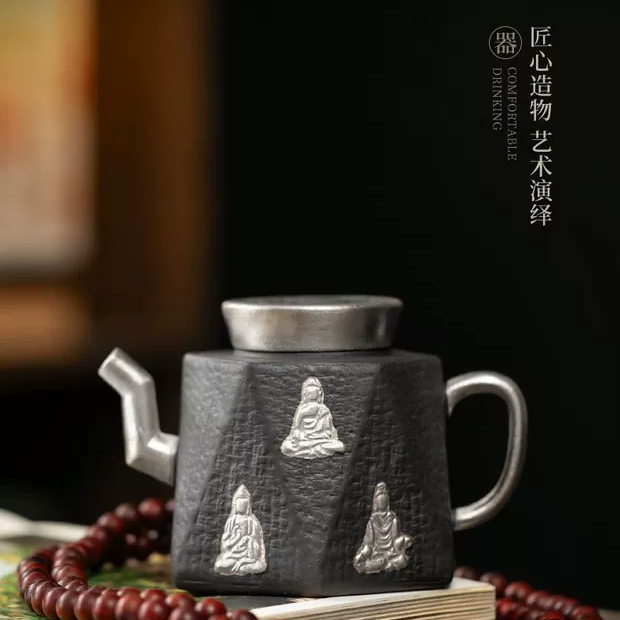 黑陶粗陶鎏银茶壶手工原矿老岩泥六方敦煌壁画壶手工复古单壶