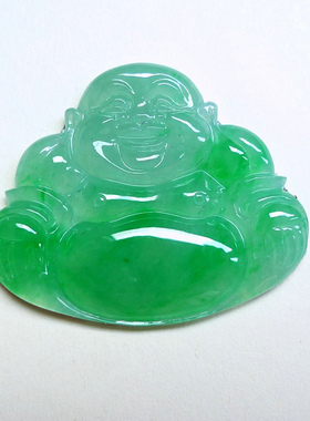 缅甸的天然A货翡翠  冰糯种飘阳绿开心笑佛镶件颈饰230730