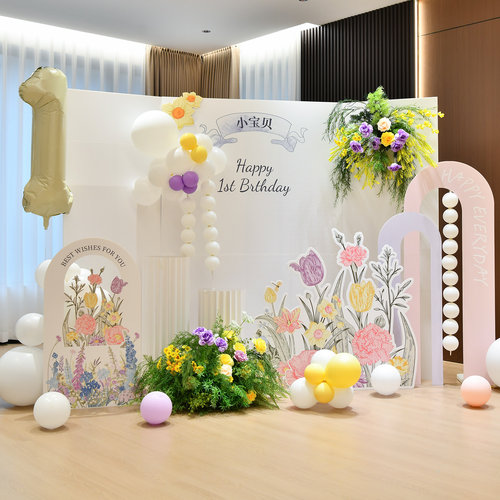简约手绘花朵宝贝礼物拍照装饰周岁宴派对生日道具布置kt板背景板