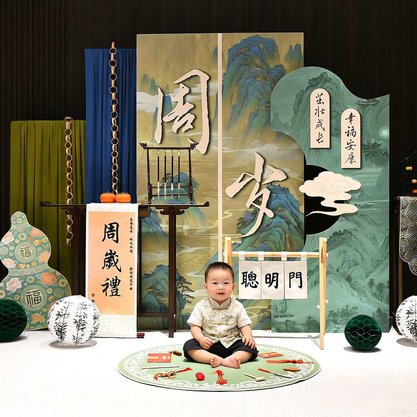 中式宝宝周岁抓周满月宴百天kt板仪式场景布置拍照出片背景板装饰