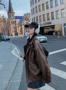 棕色皮衣外套女2026新款小个子超火复古独特好看美拉德机车皮夹克