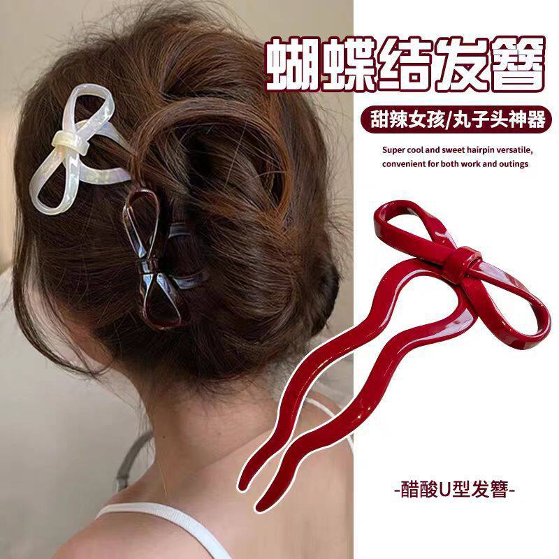 感蝴蝶结发簪女韩国盘发丸子头簪子发饰甜美可爱发钗头饰