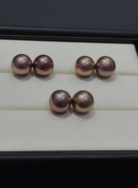 强光怪色珍珠耳钉金属古铜色珍珠耳饰925银厚实耳针9-11mm天然色