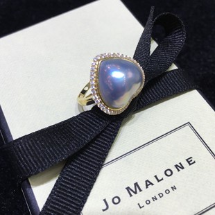 奢华秀气海水马贝戒指爱心蓝色玛贝镶锆18K金戒指托无瑕蓝玛贝