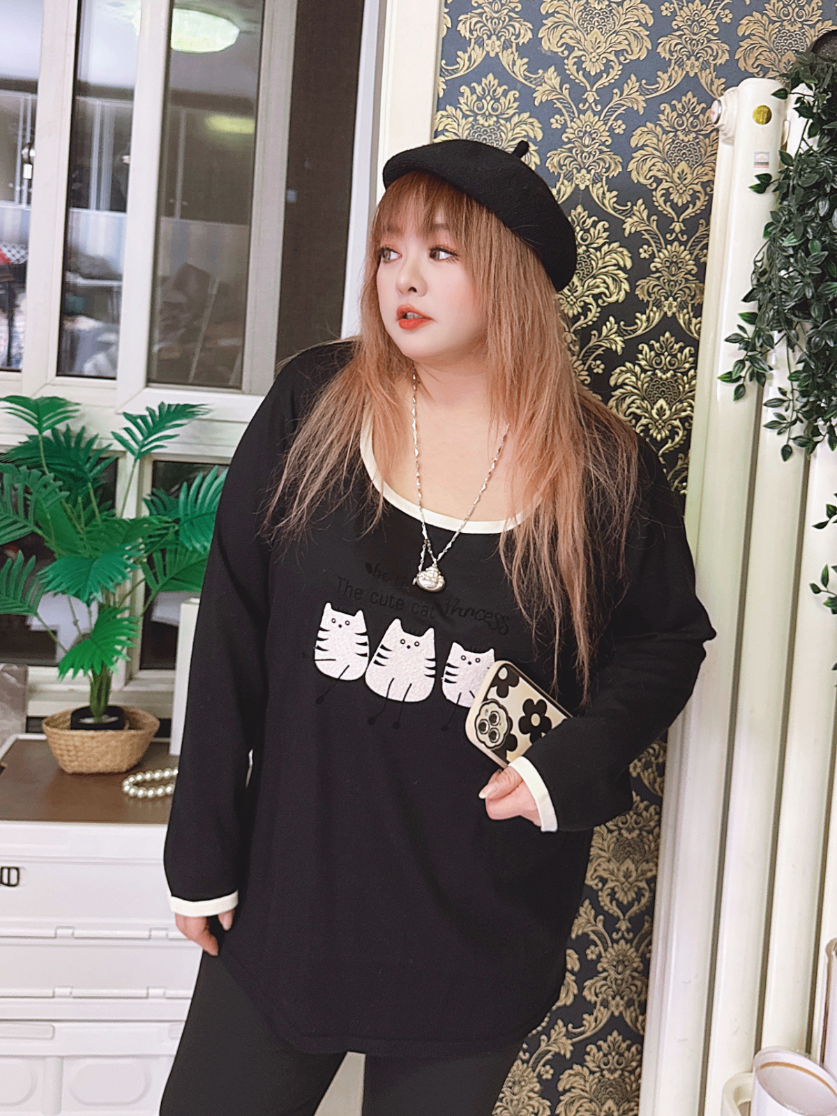 百搭大方领针织打底衫大码女装