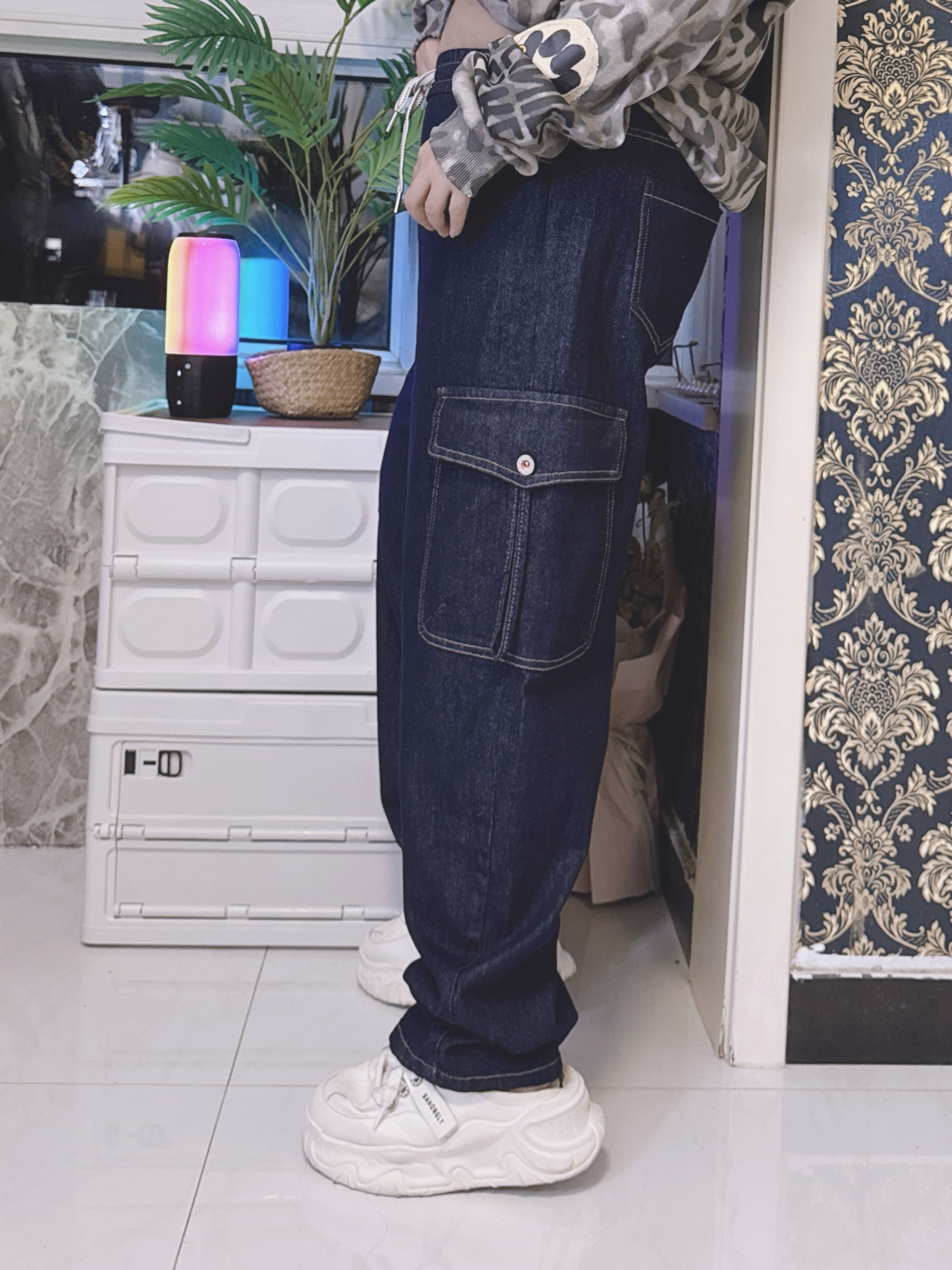 牛仔裤大口袋工装裤直筒裤大码女