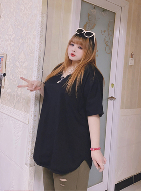 300斤基础款夏纯色打底衫短袖T恤大领口显瘦hello胖妞特大码女装