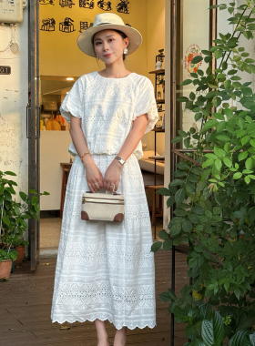 一又几木白色蕾丝套装女上衣半裙两件套装夏泡泡袖高级感气质减龄