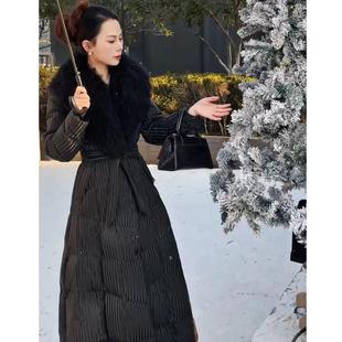 黑色大毛领过膝羽绒服女中长款滩羊毛显瘦收腰保暖厚外套2025冬季