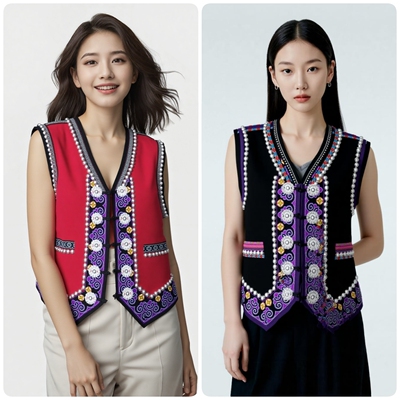 尖角紫花手工棉麻马甲男女同款