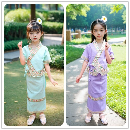 滇七彩女童民族风傣族服饰绣花棉