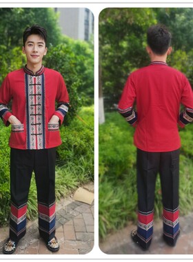 酒红色长袖长裤男装两件套