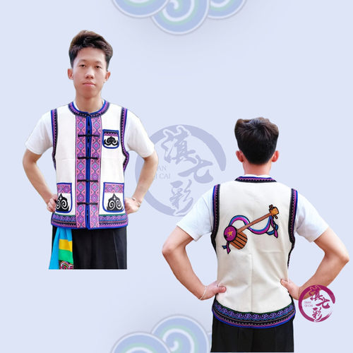 精品男士绣花帆布牛头白族马褂