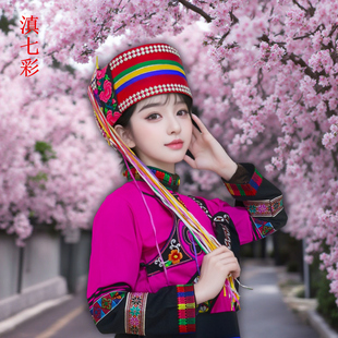 石林撒尼族阿诗马彩线帽彝族女帽老款白珠珠帽火把节民族舞蹈配饰