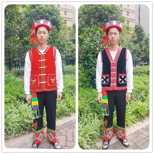 红色平绒牛头马甲火把裤套装彝族男装红花边马甲民族服装男款
