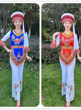 精品绣花白族女装云南大理金花服饰少数民族服装红色宝蓝色套装