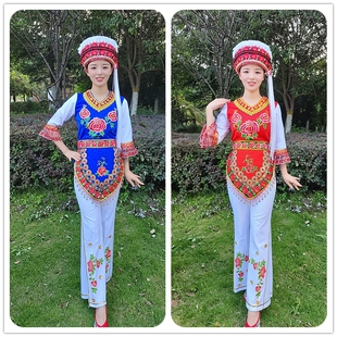 精品绣花白族女装云南大理金花服饰少数民族服装红色宝蓝色套装