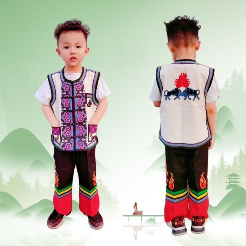 民族特色彝族男童套装 小竖条牛头马夹帆布马甲 十字绣马褂火把裤