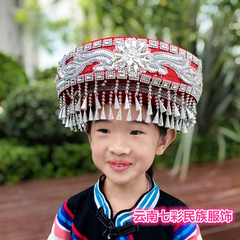 新款大喇叭女帽红色圆盘帽苗族彝族手工女帽少数民族服装帽子