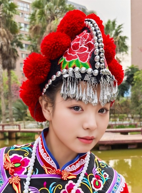 云南少数民族头饰新款彝族鸡冠帽公鸡头红色大毛球须须公鸡帽手工