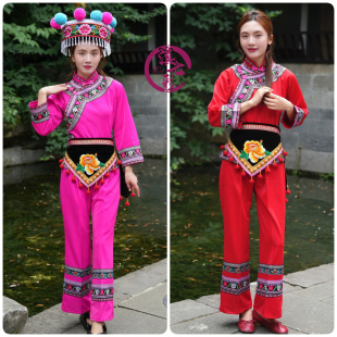 白红花边彝族女套装 子套装 玫红色大红色女装 裤 云南民族服装 长袖