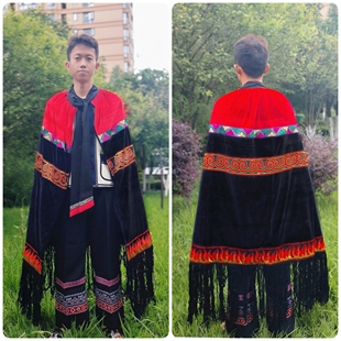 男士擦尔瓦秋冬款彝族红肩披风火把节服饰民族男装斗篷男舞蹈服装