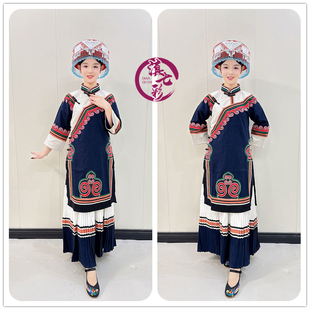 彝族服装女款长裙套装藏青色厚棉麻生活装土布大凉山彝族服装