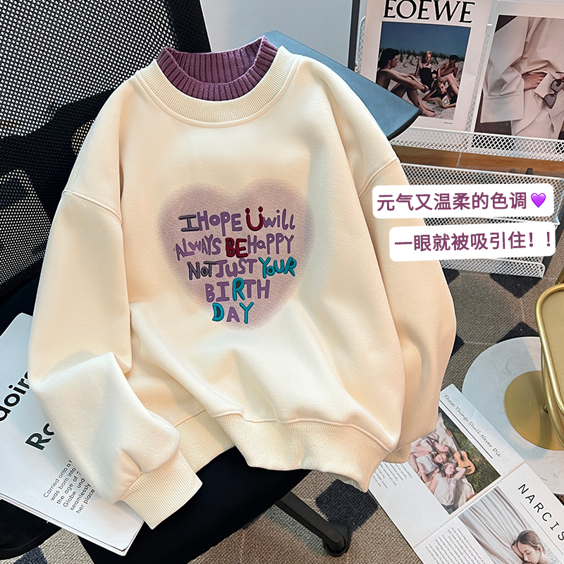 女童春秋卫衣2025新款春装休闲儿童上衣女孩一体绒加绒半高领童装