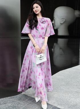 法式优雅2025年春夏新款修身连衣裙高级紫色碎花收腰大摆晚宴礼服