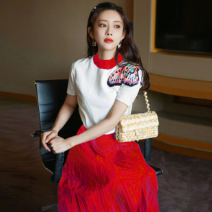 孟子义同款桃花坞2025春夏季两件套蝴蝶短袖毛衣红色高腰半裙套装