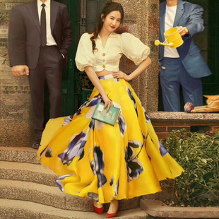 玫瑰的故事刘亦菲黄亦玫同款法式复古高级感白色拼印花气质连衣裙