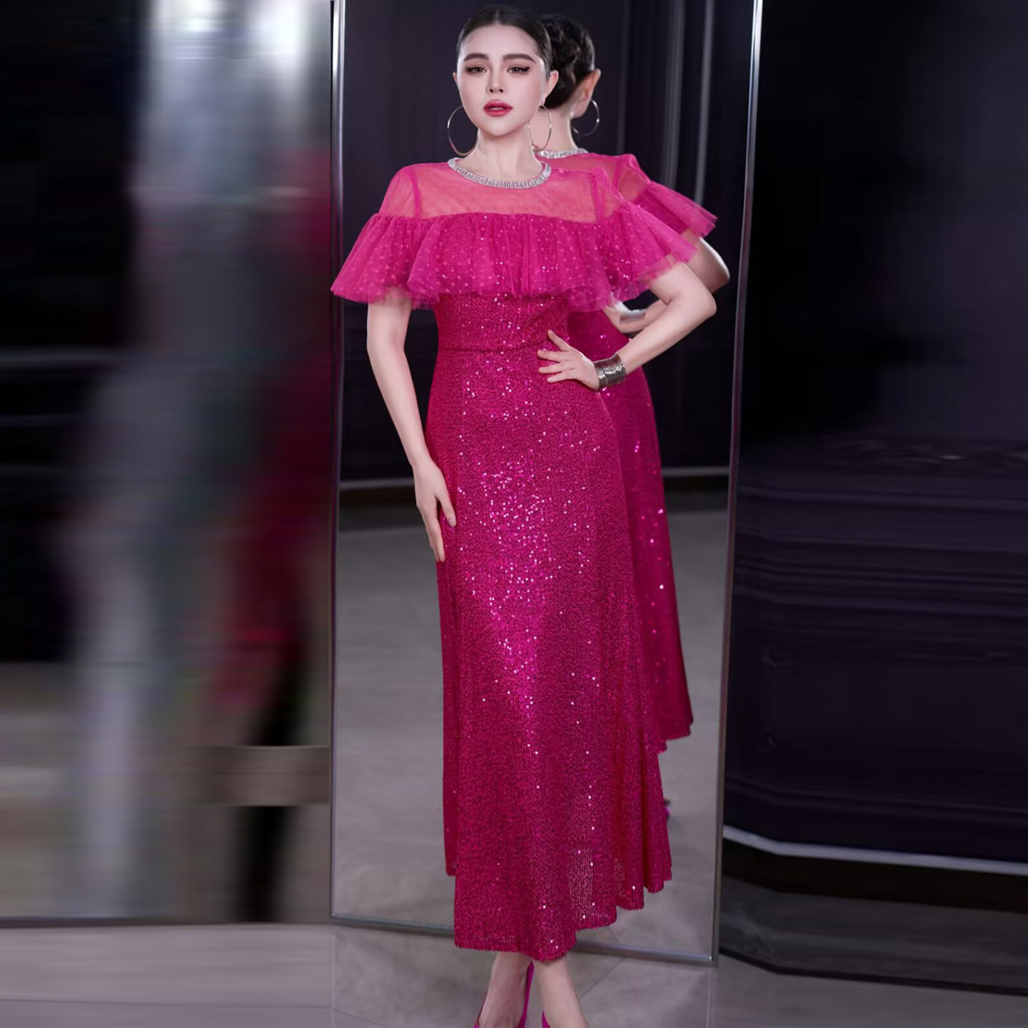 优雅轻奢亮片晚礼服女长裙重工艺荷叶边收腰鱼尾玫红连衣裙高级感,女装/女士精品,连衣裙,淘宝优惠券,粉丝福利购,淘宝优惠卷