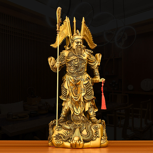 大号纯黄铜九龙关公像立刀武财神爷关二爷五行令旗关帝圣君雕塑