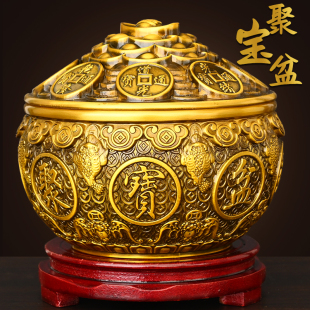 纯黄铜聚宝盆摆件带盖金蟾五福装 饰客厅办公室店铺开业送礼招米缸