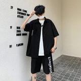 703-TZ207夏季男士工装休闲衬衫印花短裤套装松紧加拉链腰，男装套装，星座703