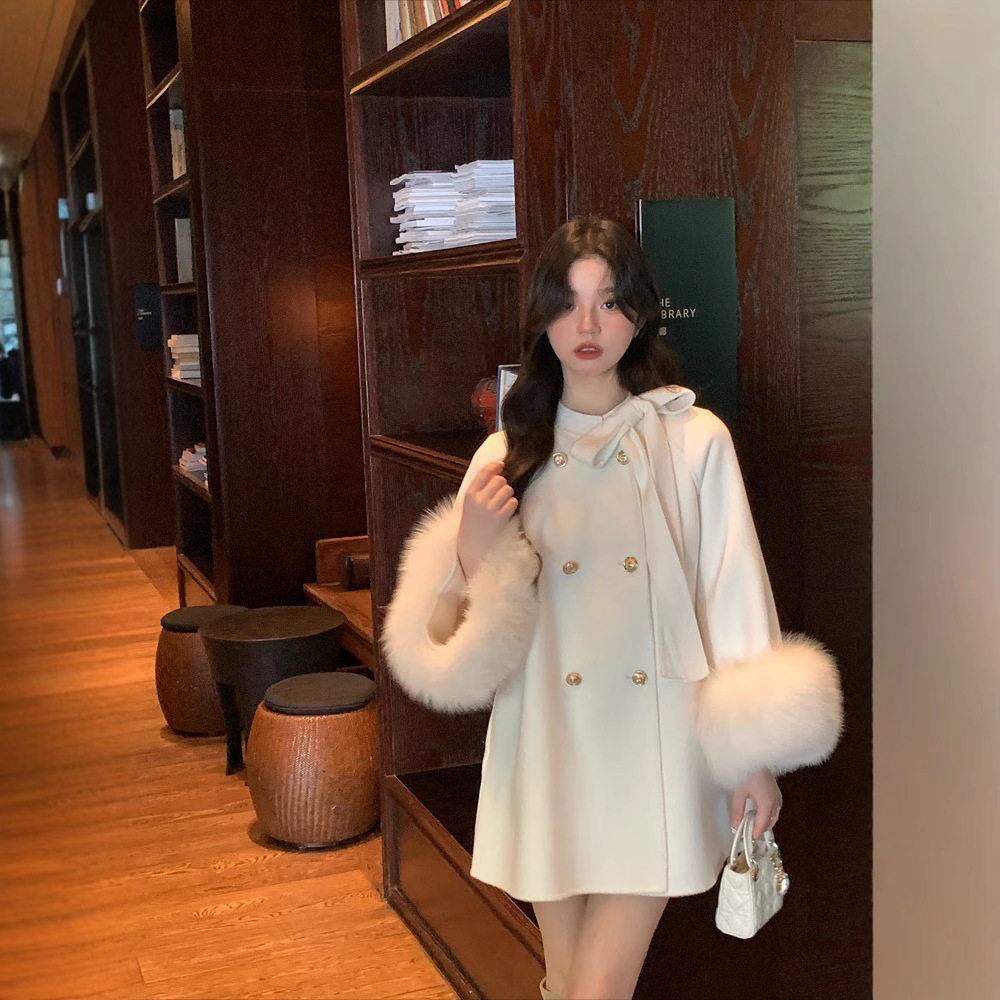 赫曼千金新款蝴蝶结双面呢羊绒大衣秋冬季女毛呢子外套2025大毛领