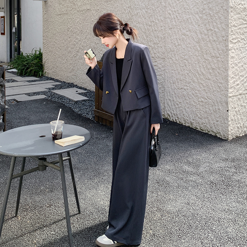 2025春季新款短款小西装外套时尚套装女西服上衣阔腿长裤子两件套