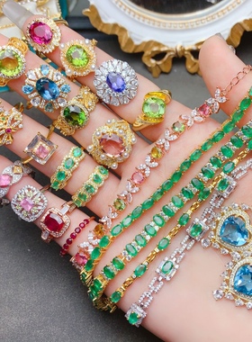 s925纯银镶嵌天然祖母绿红宝石蓝宝石金绿宝石尖晶石时尚百搭饰品