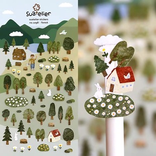 韩国进口Suatelier森林1098纸质贴画树木绿色装 饰手机手账帐贴纸