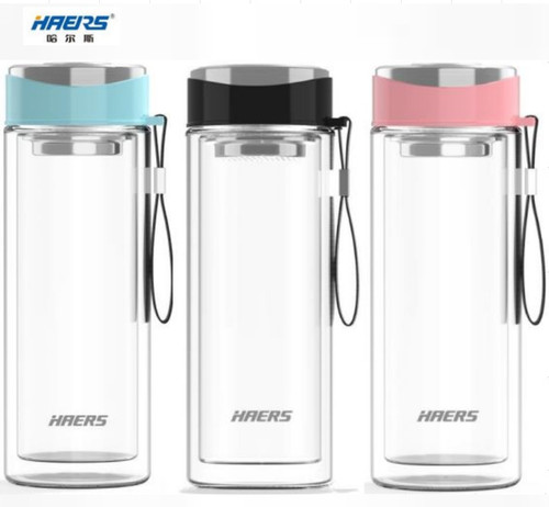 哈尔斯玻璃吊带泡茶杯320mL双层隔热男女方便户外携带时尚大方