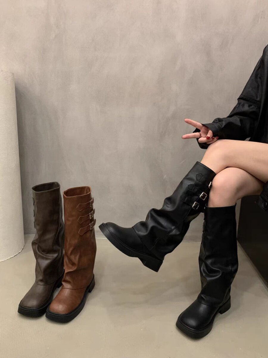 두꺼운 밑창 복고풍 바지 긴 기사 부츠 여성 신발 2024 새로운 가을 겨울 갈색 파일 부츠 중반 종아리 롱 부츠