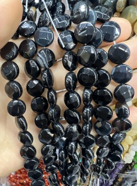 12mm天然黑玛瑙圆饼切面散珠diy手链项链半成品配饰配件材料手工