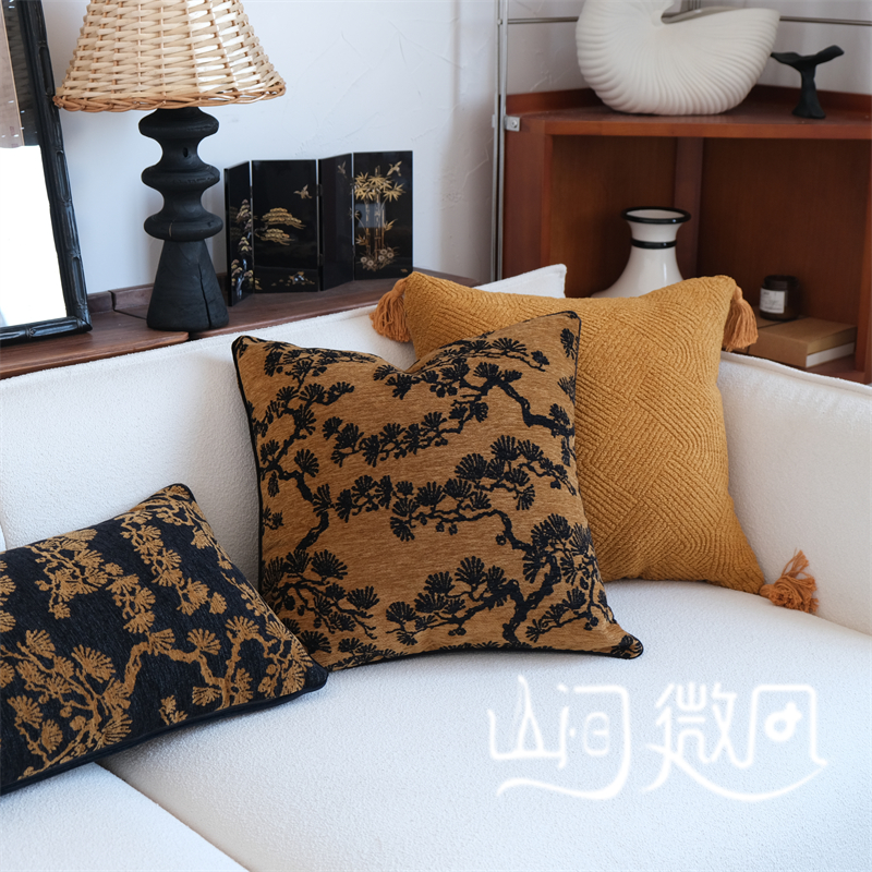 中古风松树抱枕法式轻复古新中式靠包绣花靠枕客厅沙发靠垫中国风