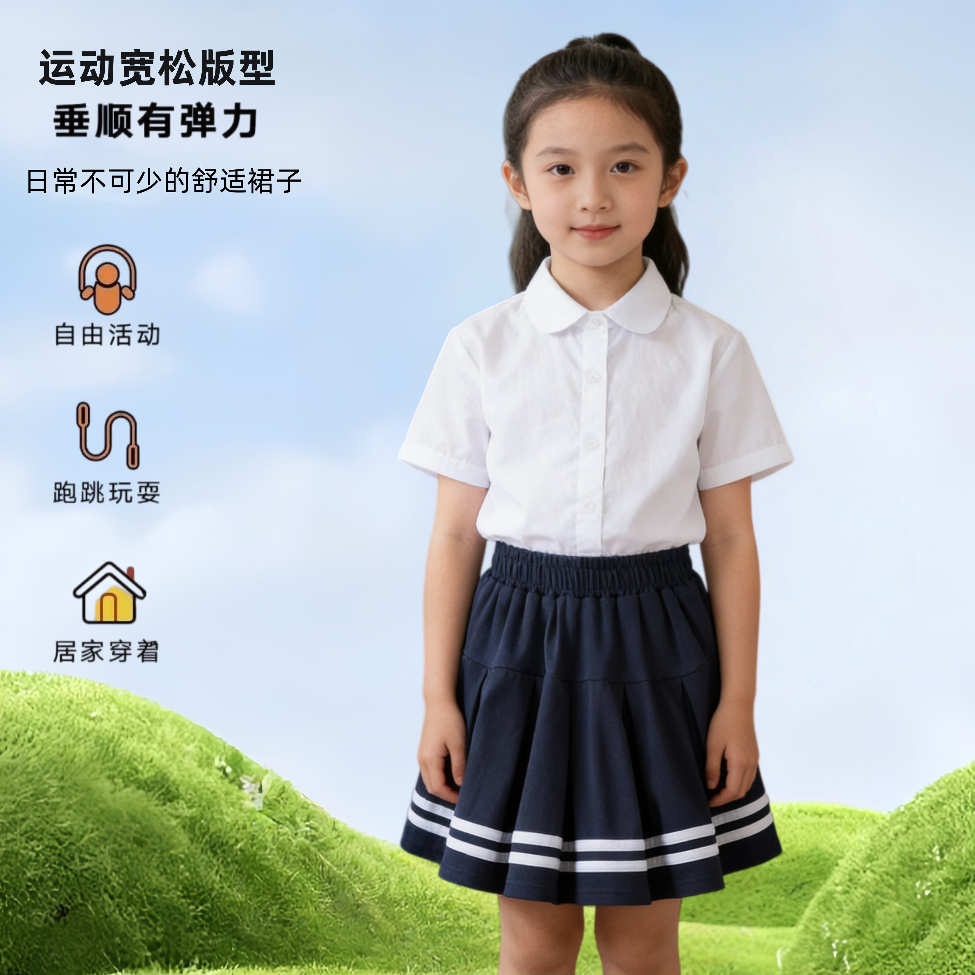 藏青色校服裙女半身裙夏季学院风学生校服女孩短裙夏季冰丝百褶裙