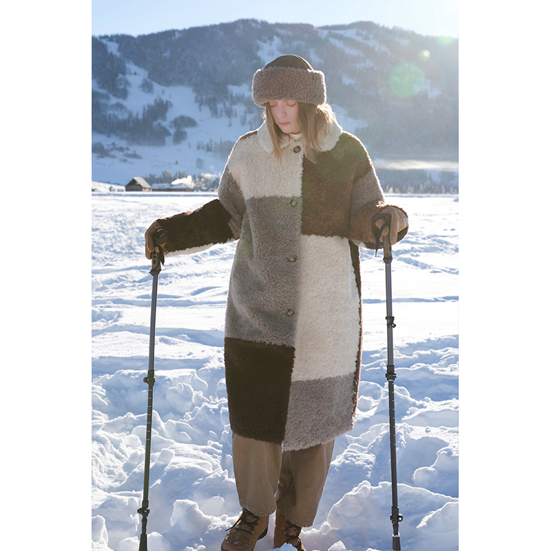 中長款羊毛麂皮皮毛一體拼色色塊