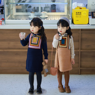 Miyababy 重工双面手织背心裙女童2025秋冬韩版方块毛线背带裙